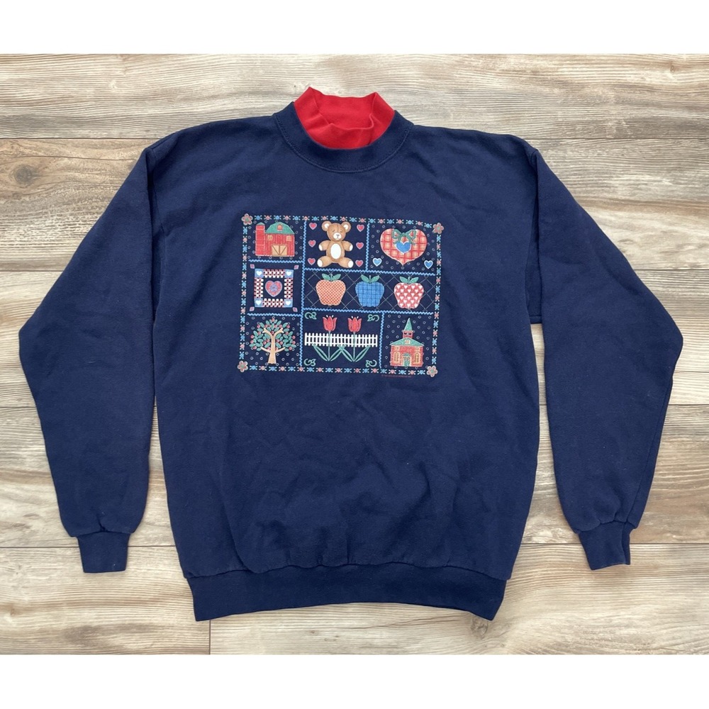 Vintage Endless Designs Navy Blue Folk Art Graphic Sweatshirt L USA Made 1980s